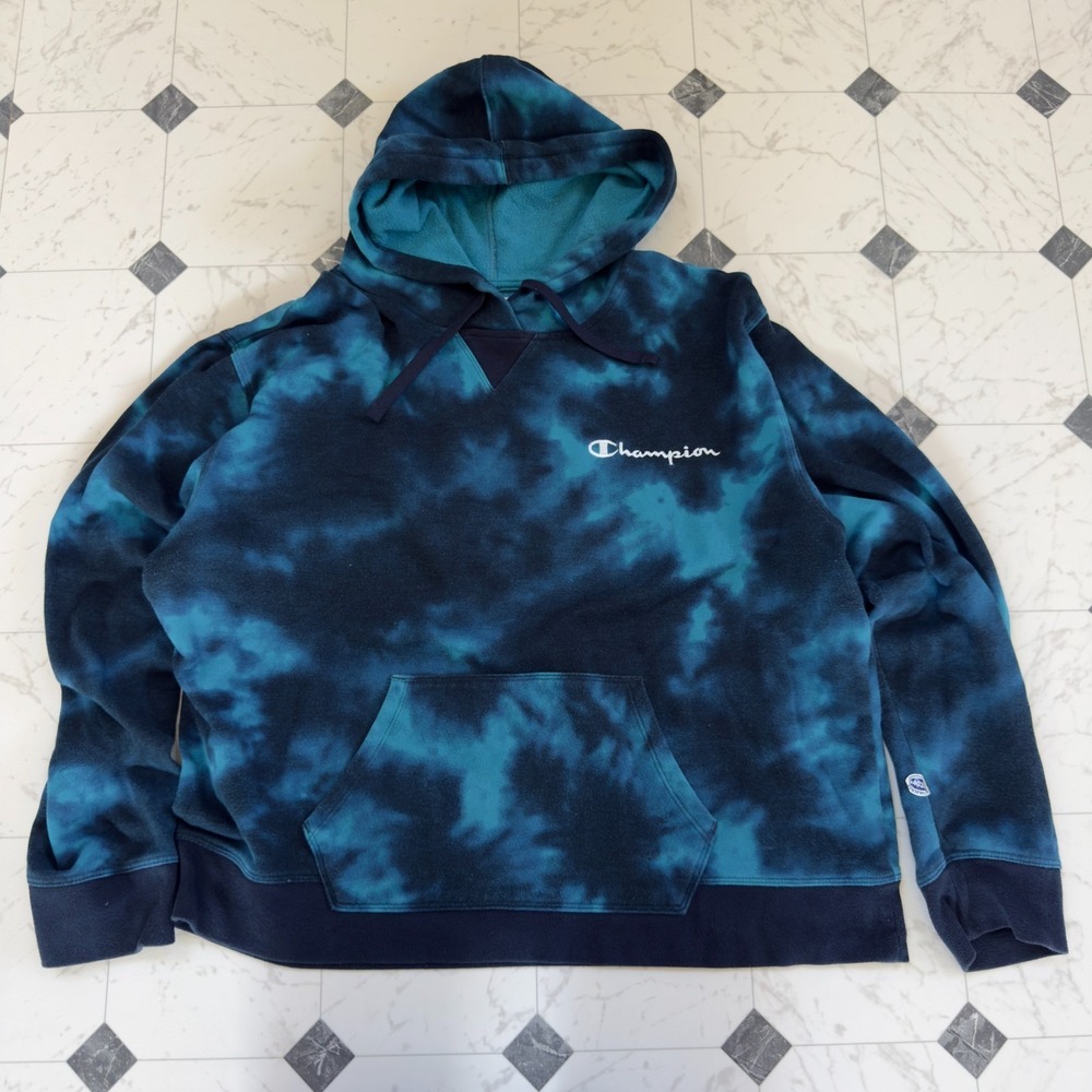 Champion Script Logo Tie Dye Pullover Hoodie Men's XXL Navy Teal Fleece